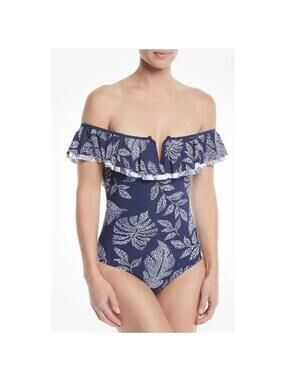 Red Carter Off The Shoulder Ruffled One Piece Swimsuit Sz 6 Maillot Navy Beach